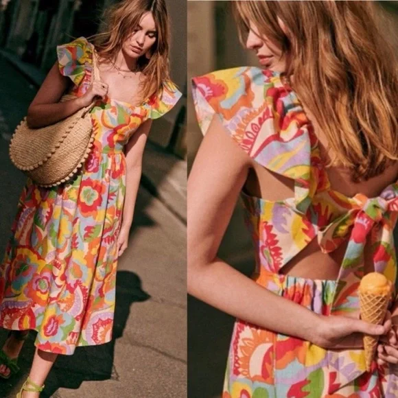 Sezane Melville Organic Linen Midi Dress Seventies Multicolor Print 36 4 - Picture 2 of 10